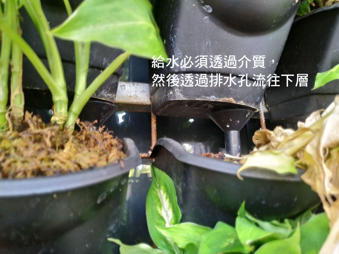 給水必須透過介質， 然後透過排水孔流往下層