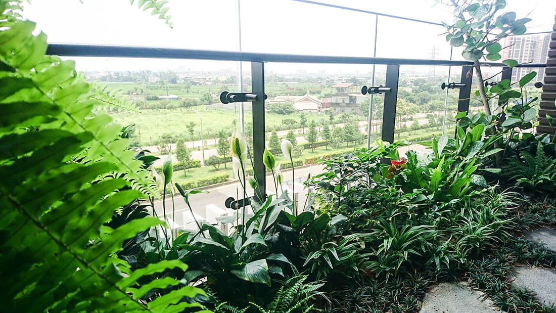 深耕10陽台綠化，以植生牆與豐富層次植栽，營造陽台森林系綠化。
